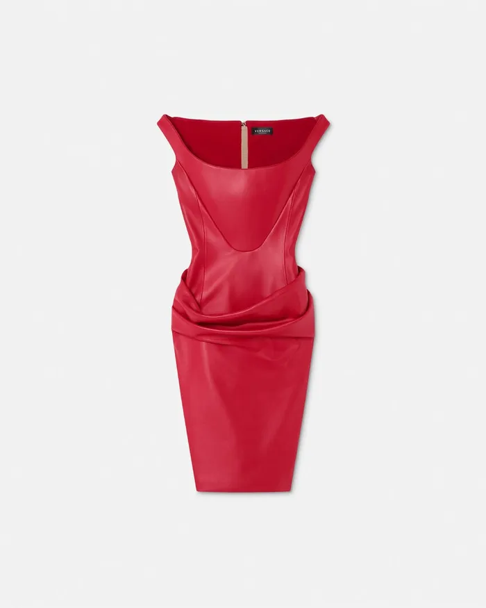 Versace Leather Corset Draped Midi Dress Red Women Dresses