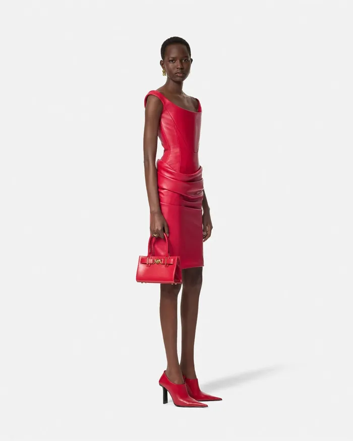 Versace Leather Corset Draped Midi Dress Red Women Dresses
