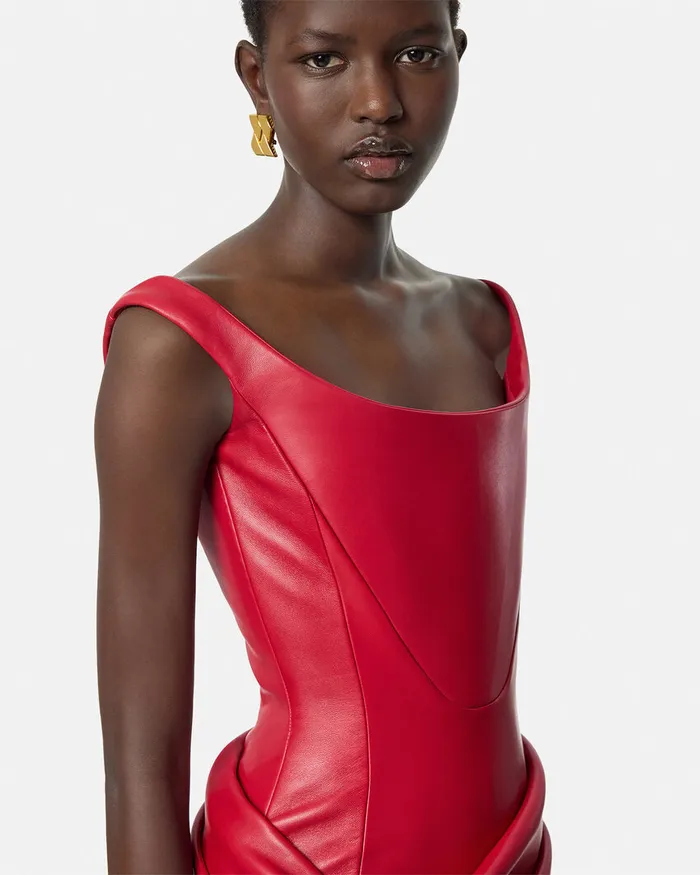 Versace Leather Corset Draped Midi Dress Red Women Dresses