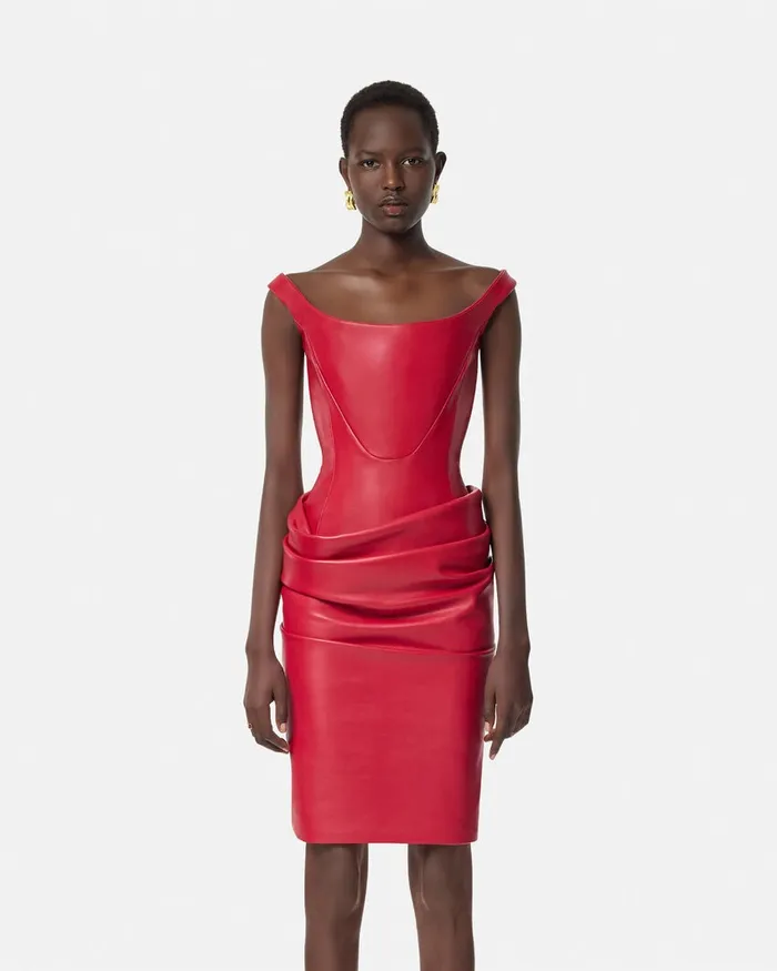Versace Leather Corset Draped Midi Dress Red Women Dresses