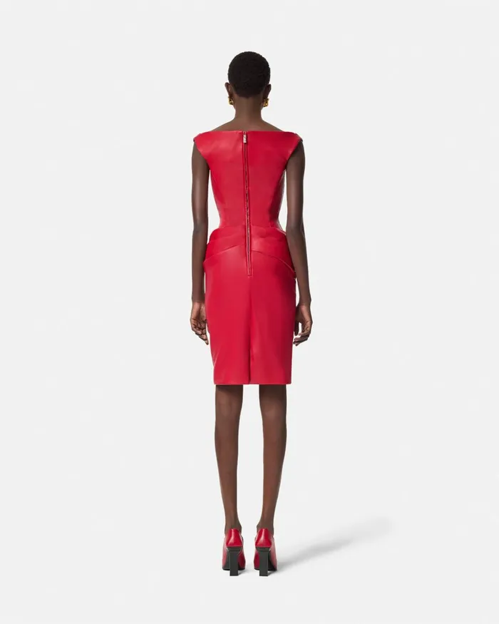 Versace Leather Corset Draped Midi Dress Red Women Dresses
