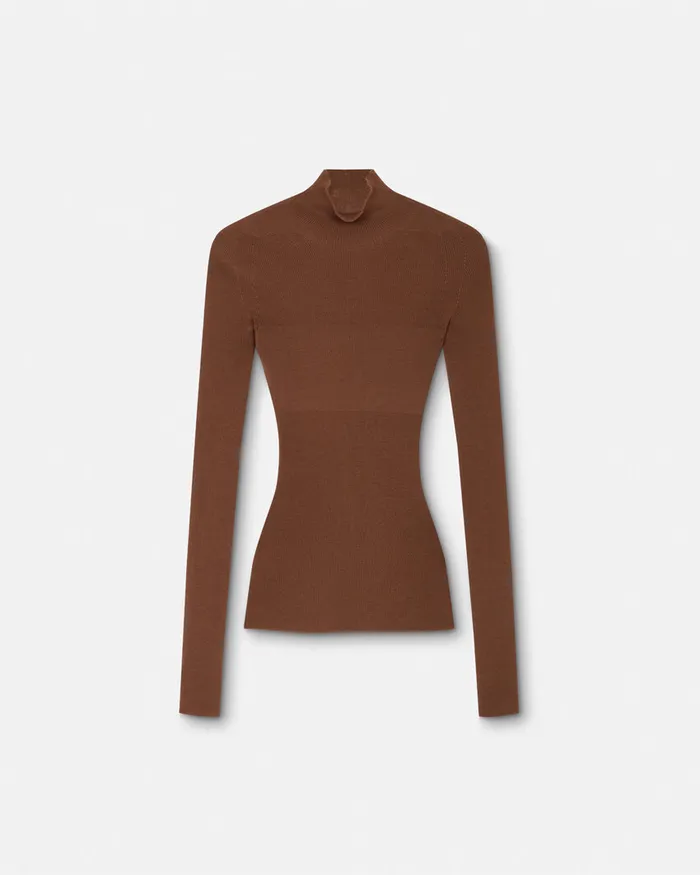 Versace Merino Wool Fitted Ribbed Knit Top Brown Women Knitwear