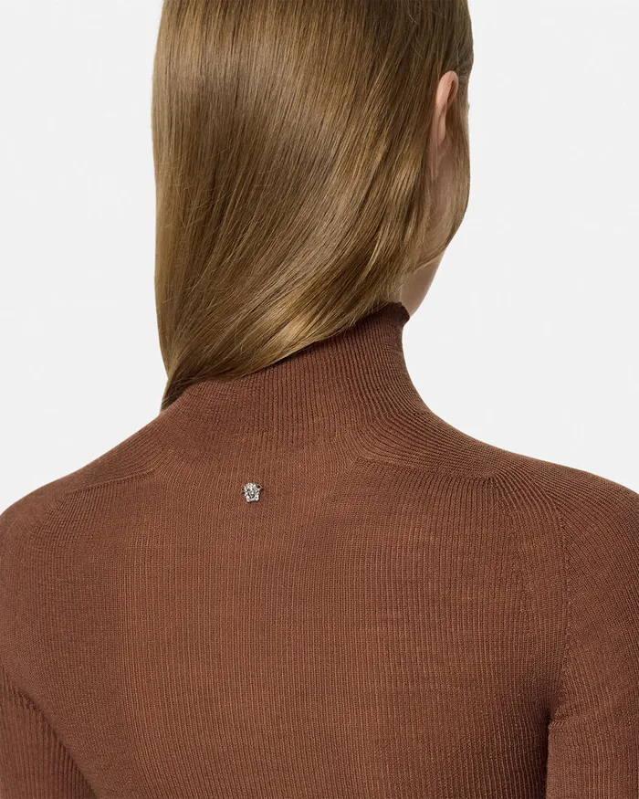 Versace Merino Wool Fitted Ribbed Knit Top Brown Women Knitwear