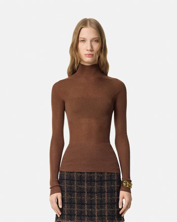 Versace Merino Wool Fitted Ribbed Knit Top Brown Women Knitwear