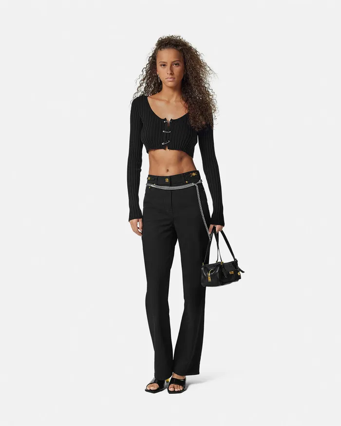 Versace Safety Pin Scoop Crop RibbedKnit Cardigan Black Women Knitwear