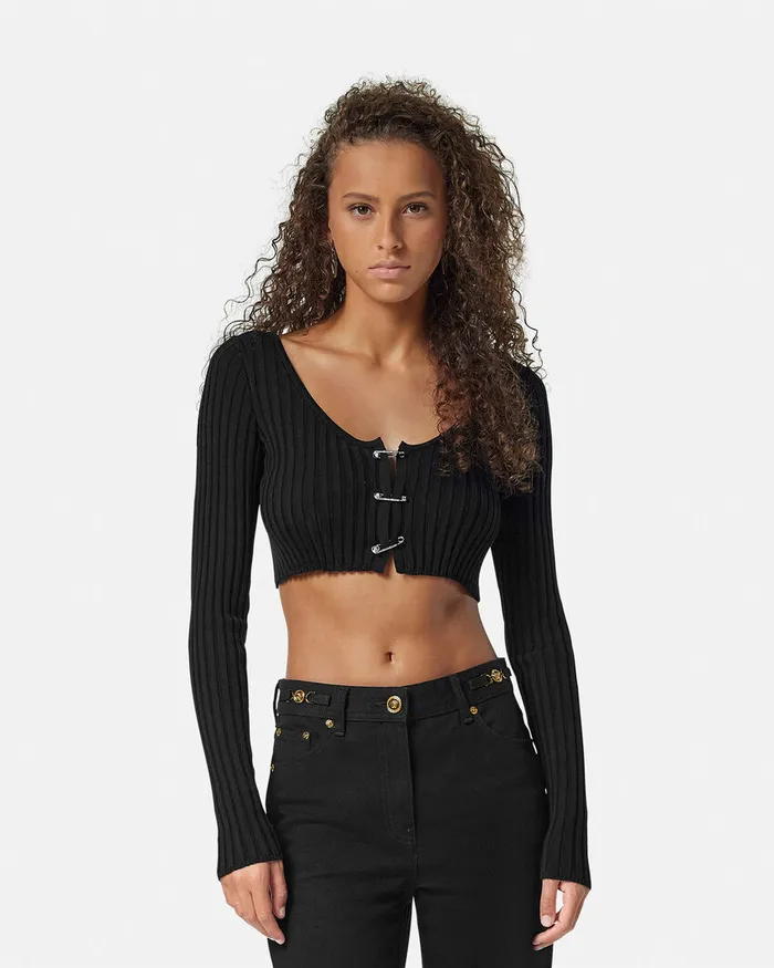 Versace Safety Pin Scoop Crop RibbedKnit Cardigan Black Women Knitwear