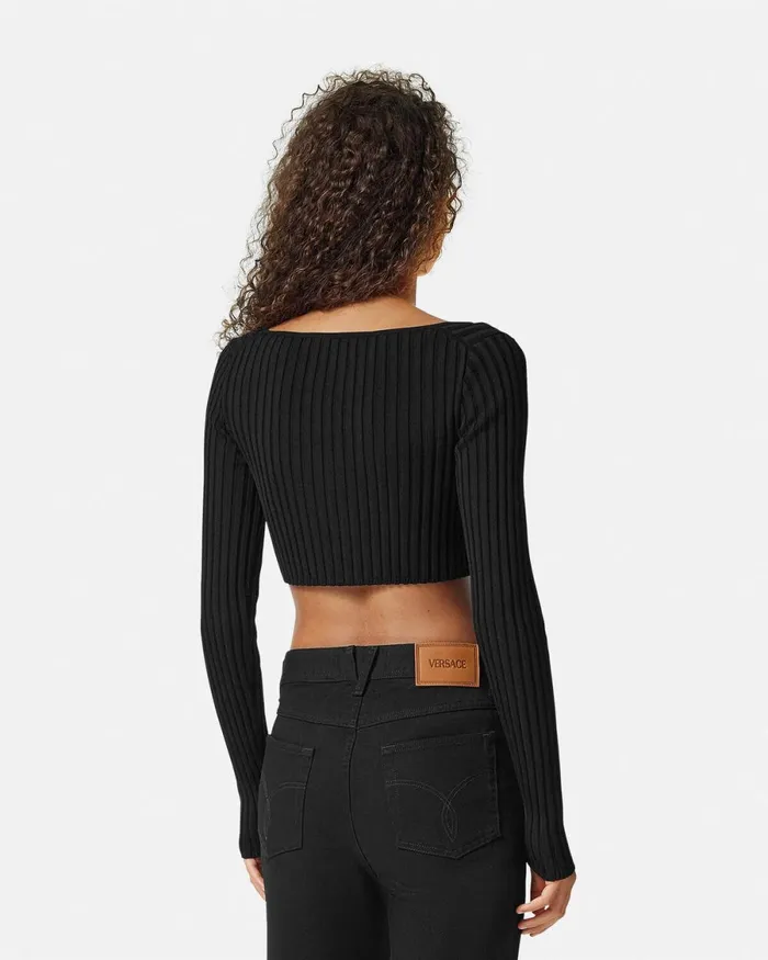 Versace Safety Pin Scoop Crop RibbedKnit Cardigan Black Women Knitwear