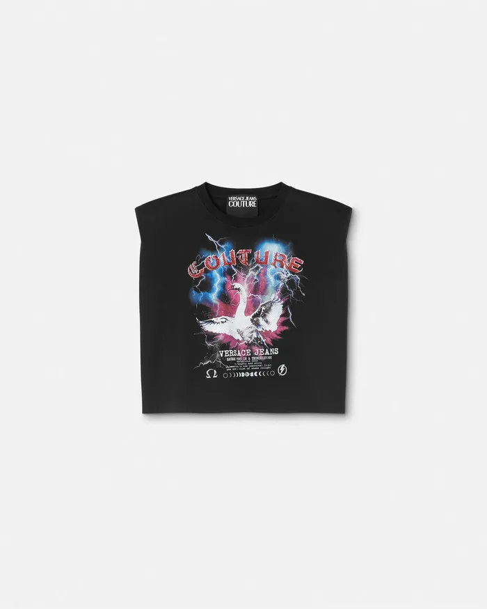 Versace Swan Lake Logo Crop TShirt Blackprint Women Jeans Couture