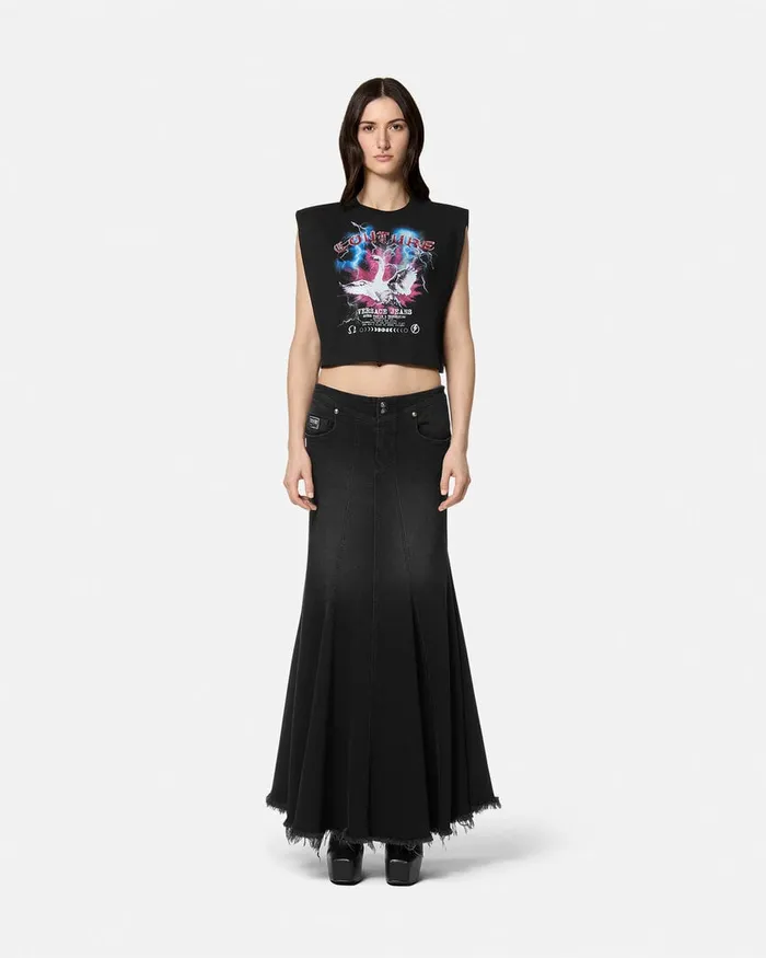 Versace Swan Lake Logo Crop TShirt Blackprint Women Jeans Couture