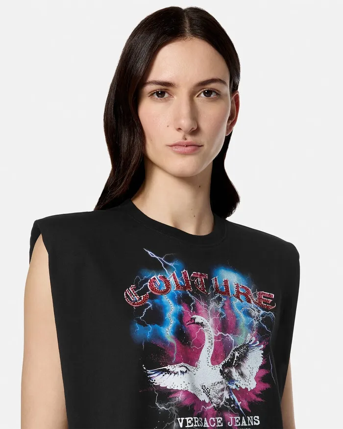 Versace Swan Lake Logo Crop TShirt Blackprint Women Jeans Couture