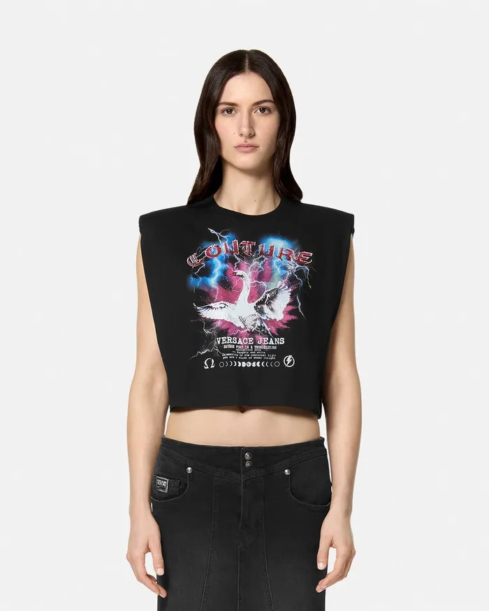 Versace Swan Lake Logo Crop TShirt Blackprint Women Jeans Couture