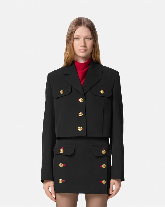 Versace Wool Gabardine Uniform Crop Jacket Black Women Suits