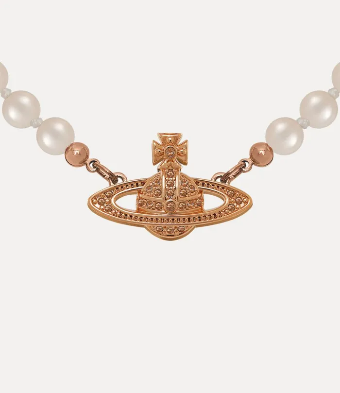 Vivienne Westwood Necklaces Women Mini Bas Relief Pearl Choker Pink Gold Silk Pearl