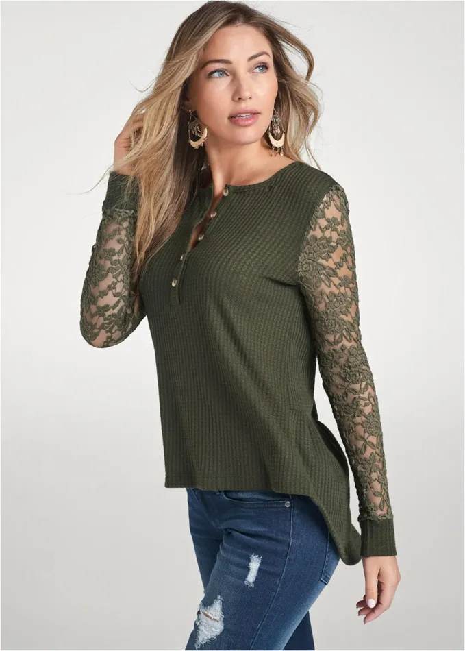 WAFFLE KNIT LACE SLEEVE TOP Olive Women VENUS Casual Tops