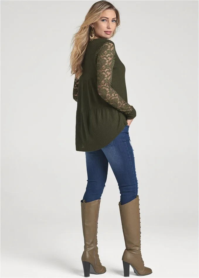 WAFFLE KNIT LACE SLEEVE TOP Olive Women VENUS Casual Tops