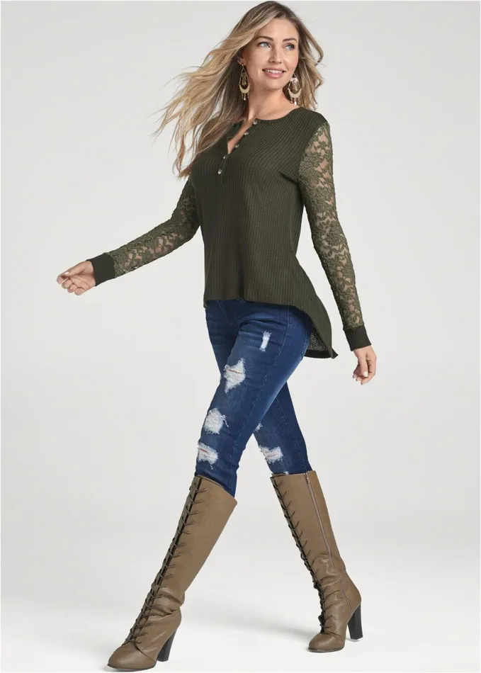 WAFFLE KNIT LACE SLEEVE TOP Olive Women VENUS Casual Tops