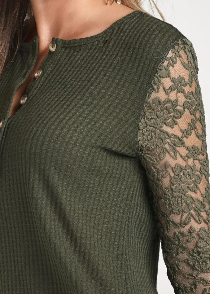 WAFFLE KNIT LACE SLEEVE TOP Olive Women VENUS Casual Tops