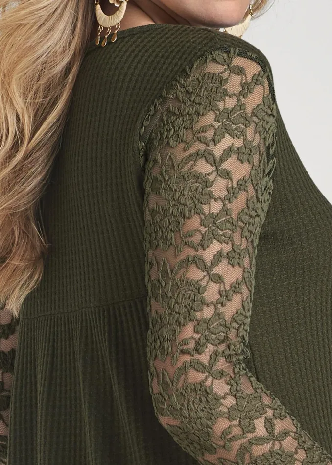 WAFFLE KNIT LACE SLEEVE TOP Olive Women VENUS Casual Tops