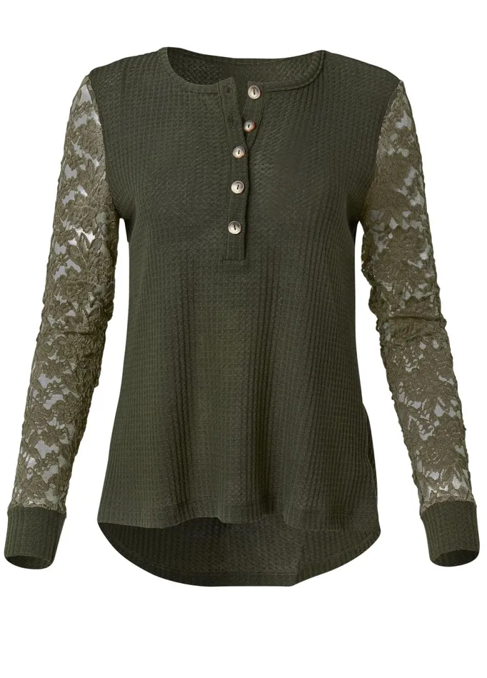 WAFFLE KNIT LACE SLEEVE TOP Olive Women VENUS Casual Tops