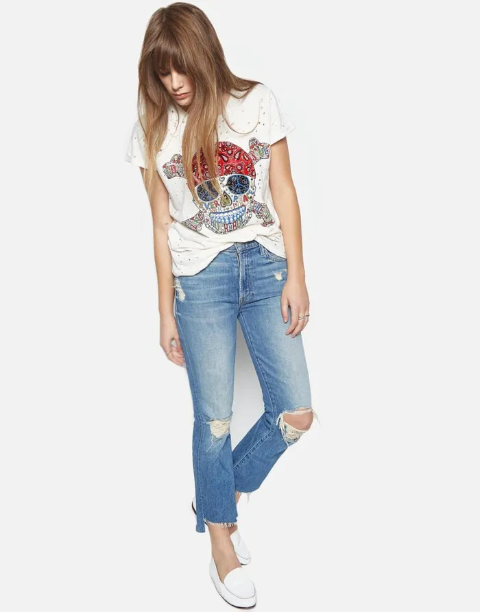 Women039s Bess Hippie Skull Faded White Lauren Moshi Short Sleeve