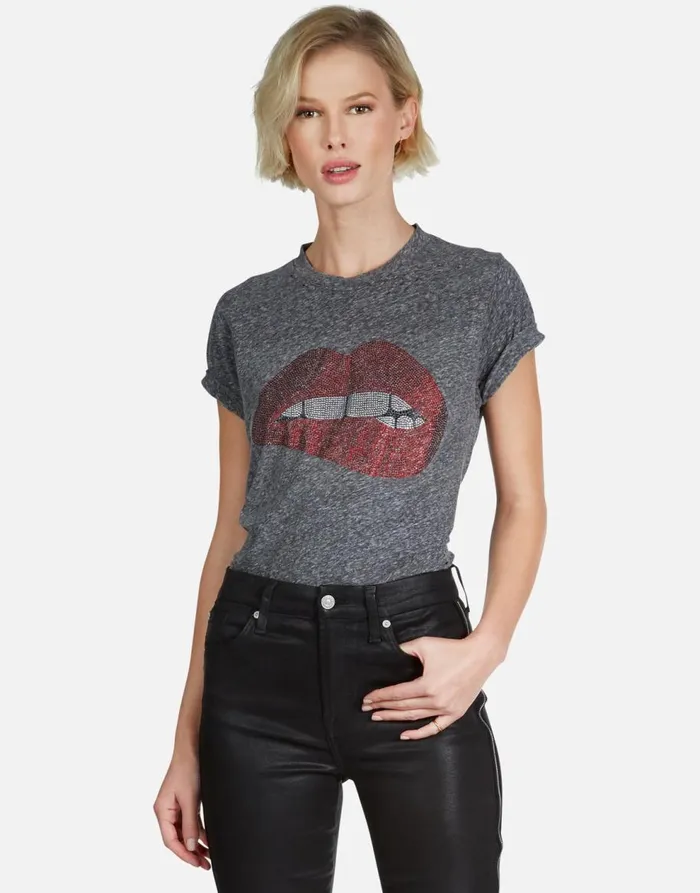 Women039s Capri Crystal Biting Lip Heather Grey Lauren Moshi Short Sleeve