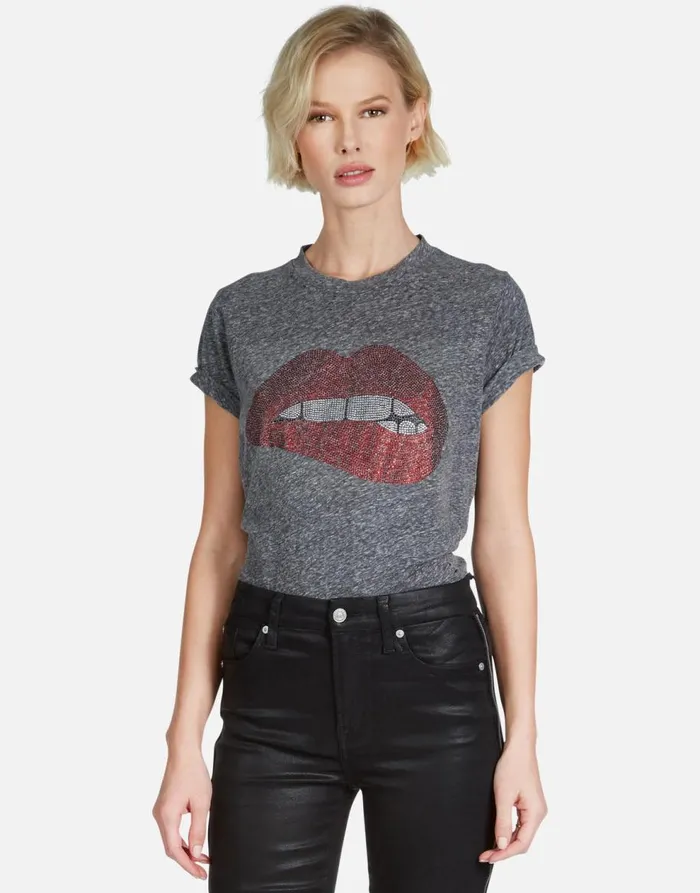 Women039s Capri Crystal Biting Lip Heather Grey Lauren Moshi Short Sleeve