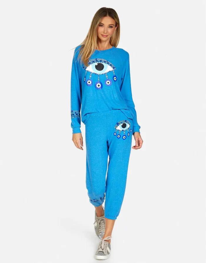 Women039s Everly Chain Evil Eye Pullover Sky Blue Lauren Moshi Long Sleeve