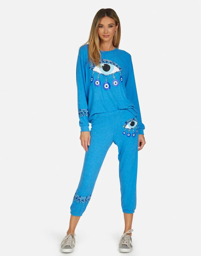 Women039s Everly Chain Evil Eye Pullover Sky Blue Lauren Moshi Long Sleeve