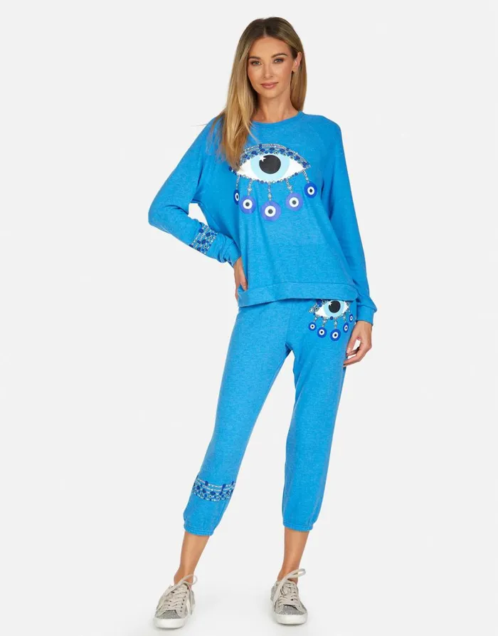 Women039s Everly Chain Evil Eye Pullover Sky Blue Lauren Moshi Long Sleeve