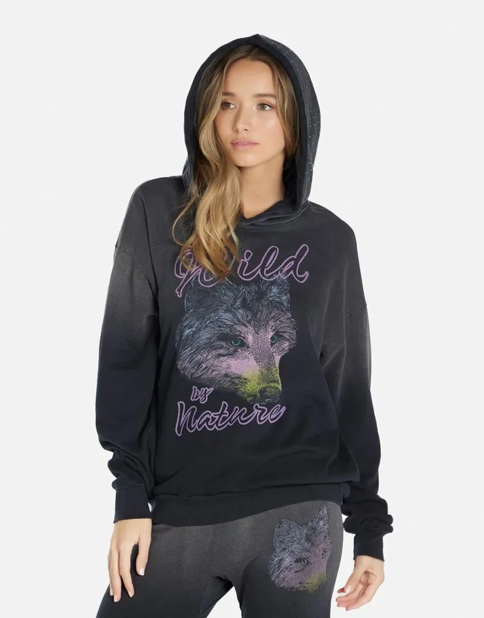 Women039s Harmony Wild Wolf Jet Black Ombre Lauren Moshi Hoodies