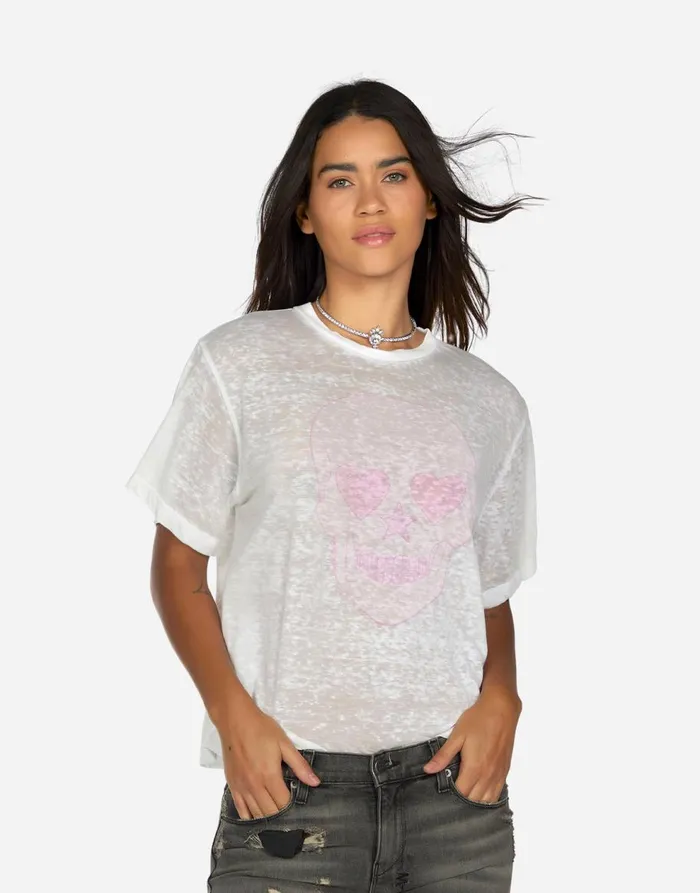 Women039s Linnea Pink Peace Love Skull White Burnout Lauren Moshi Short Sleeve