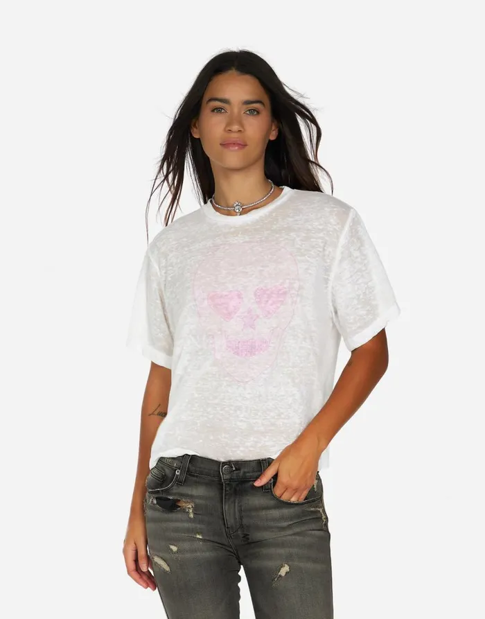 Women039s Linnea Pink Peace Love Skull White Burnout Lauren Moshi Short Sleeve