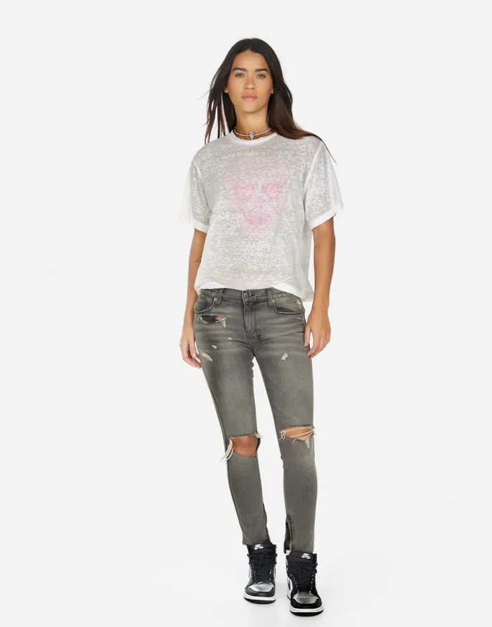 Women039s Linnea Pink Peace Love Skull White Burnout Lauren Moshi Short Sleeve