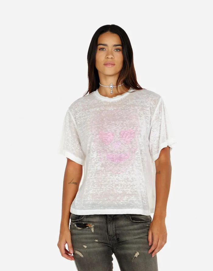 Women039s Linnea Pink Peace Love Skull White Burnout Lauren Moshi Short Sleeve