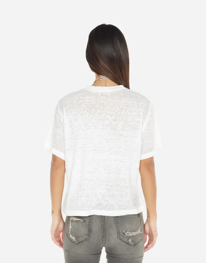 Women039s Linnea Pink Peace Love Skull White Burnout Lauren Moshi Short Sleeve