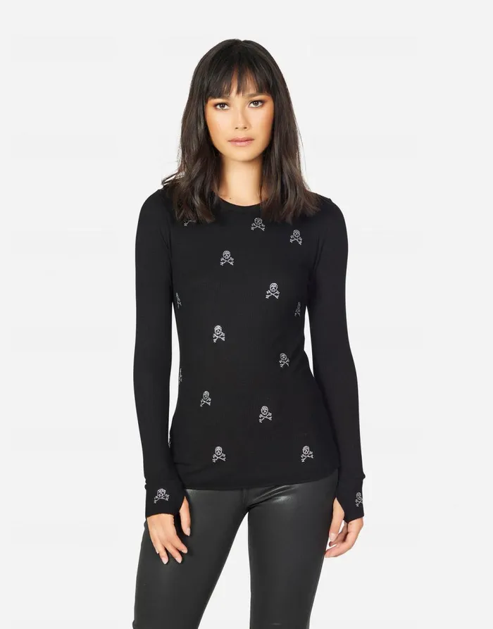 Women039s McKinley Mini Crystal Cross Bone Skulls Black Lauren Moshi Long Sleeve