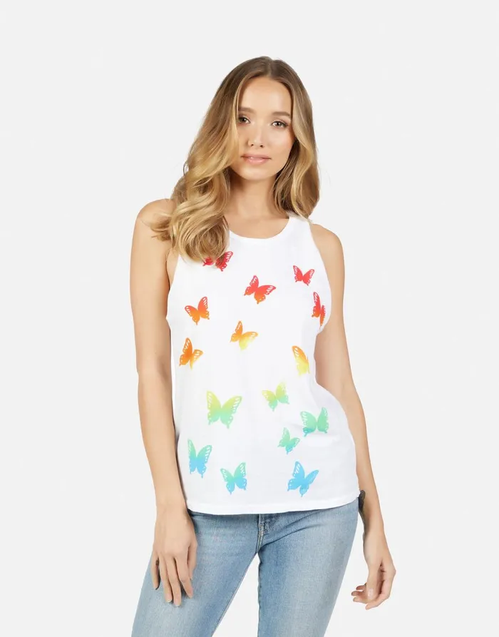 Women039s Peyton Rainbow Butterflies White Lauren Moshi Tanks