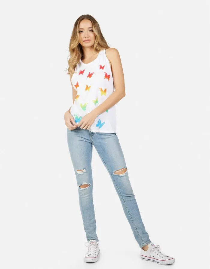 Women039s Peyton Rainbow Butterflies White Lauren Moshi Tanks