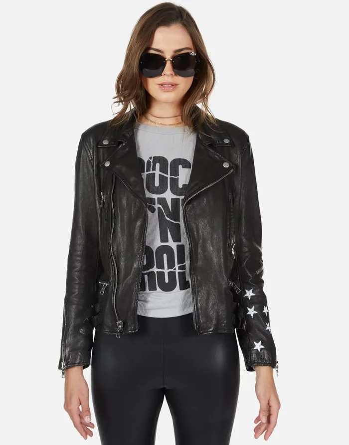 Women039s Posey Cracked RnR Spray Black Lauren Moshi Jackets