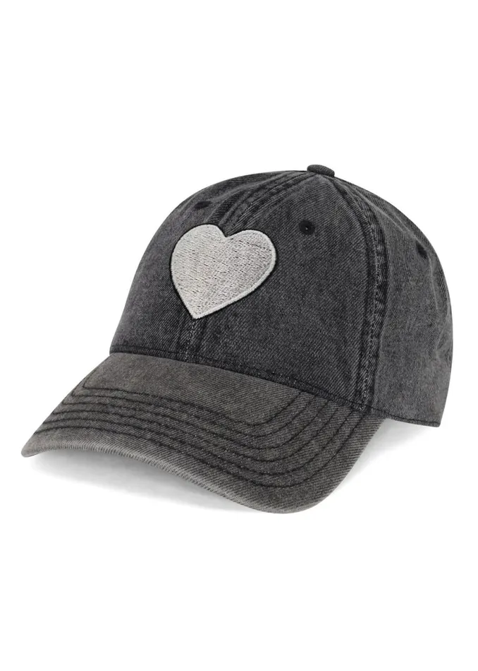 Women039s Reina Silver Heart Patch Washed Black Lauren Moshi Hats