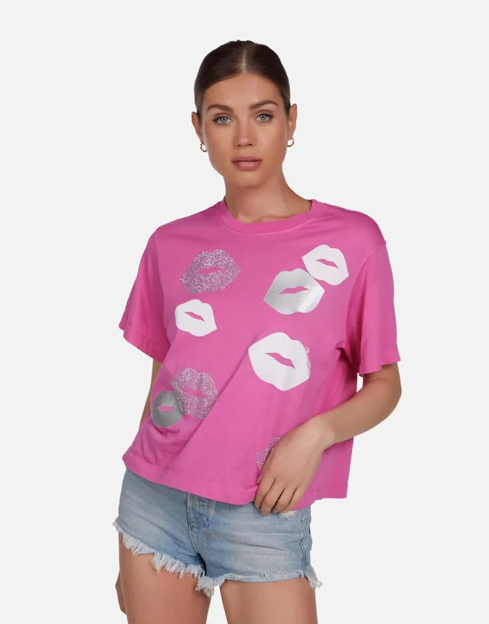 Women039s Rue Crystal Multi Lips Bright Pink Lauren Moshi Short Sleeve