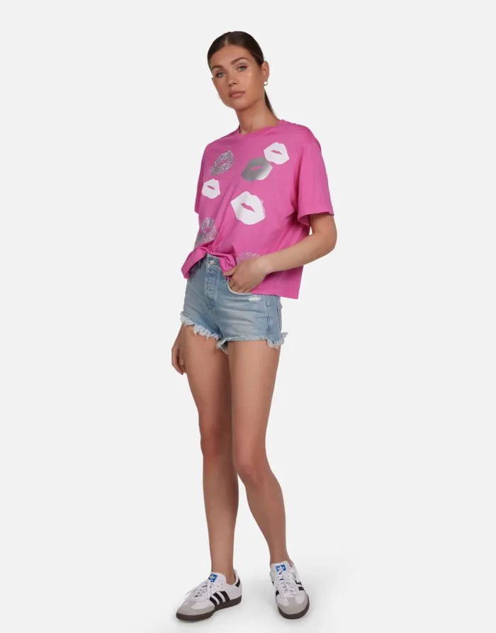 Women039s Rue Crystal Multi Lips Bright Pink Lauren Moshi Short Sleeve