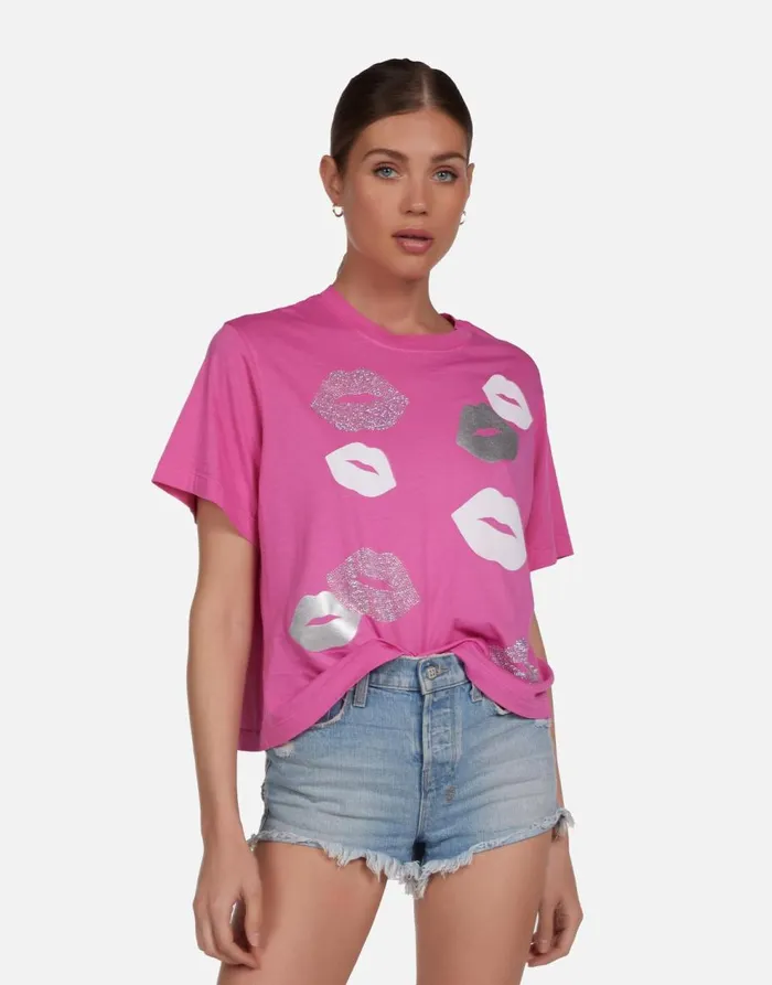 Women039s Rue Crystal Multi Lips Bright Pink Lauren Moshi Short Sleeve