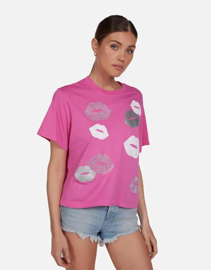 Women039s Rue Crystal Multi Lips Bright Pink Lauren Moshi Short Sleeve