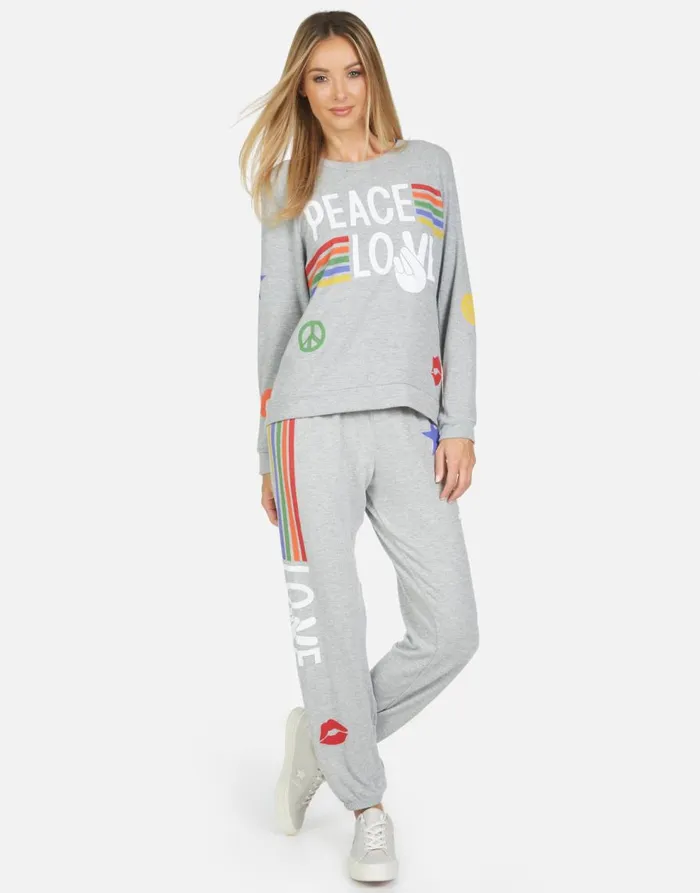Women039s Tanzy Peace Love Stripe Heather Grey Lauren Moshi Long Sweatpants