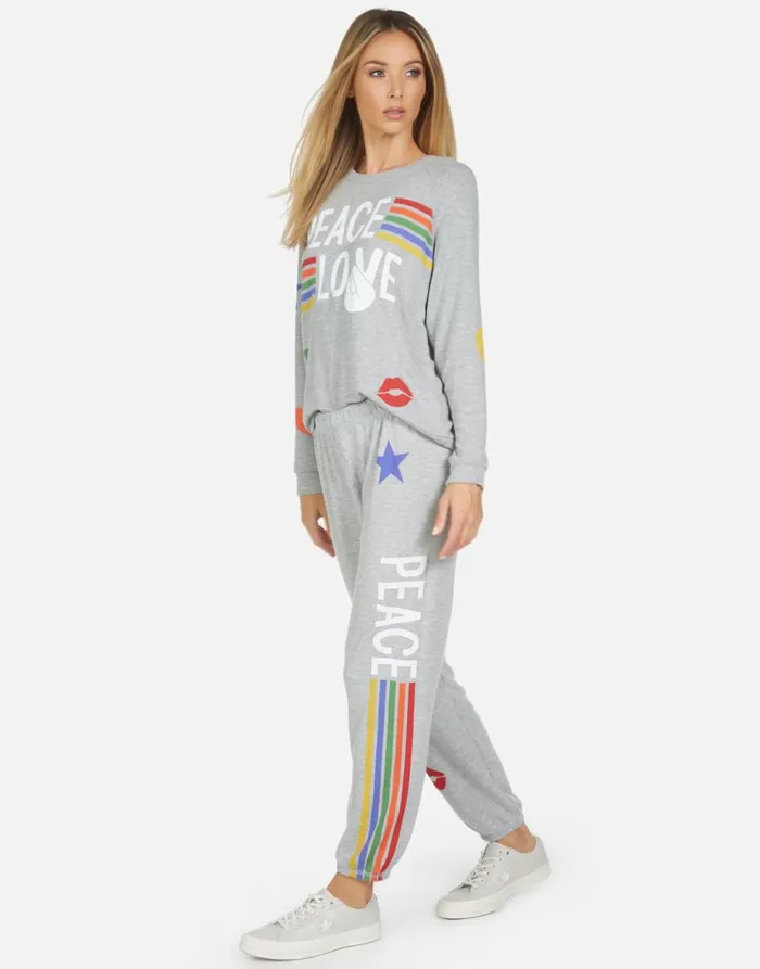 Women039s Tanzy Peace Love Stripe Heather Grey Lauren Moshi Long Sweatpants