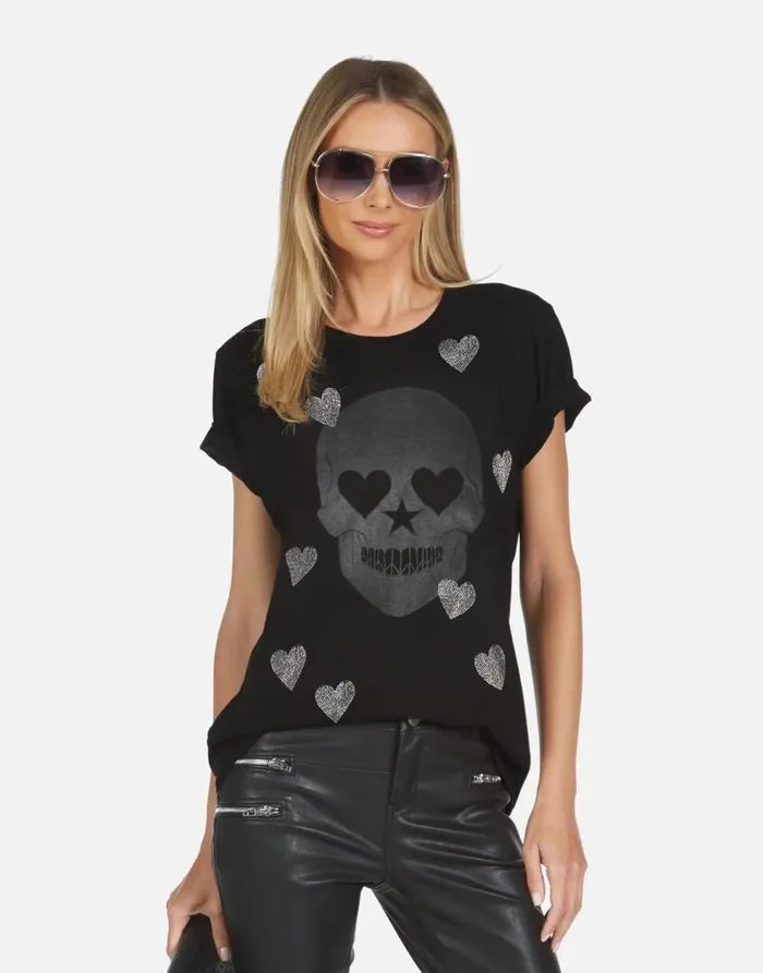 Women039s Wolf X Crystal Peace Love Skull Black Lauren Moshi Short Sleeve