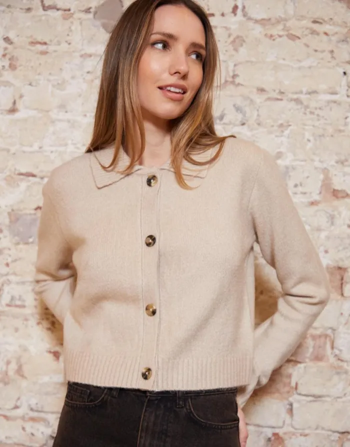 Women Beige Cropped Collared Knitted Cardigan Threadbare Cardigans
