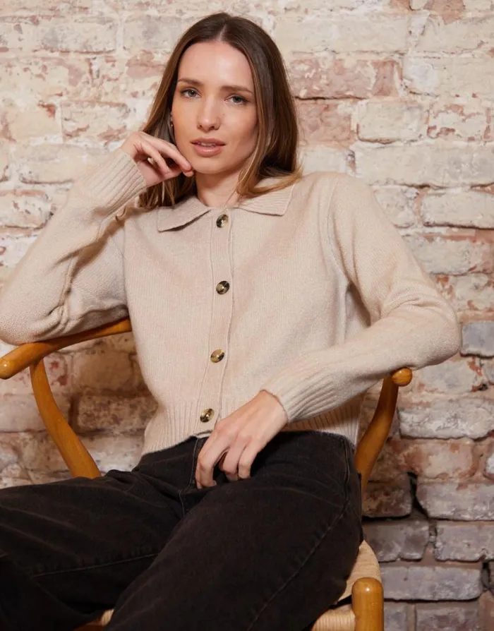 Women Beige Cropped Collared Knitted Cardigan Threadbare Cardigans Women Beige Cropped Collared Knitted Cardigan Threadbare Cardigans