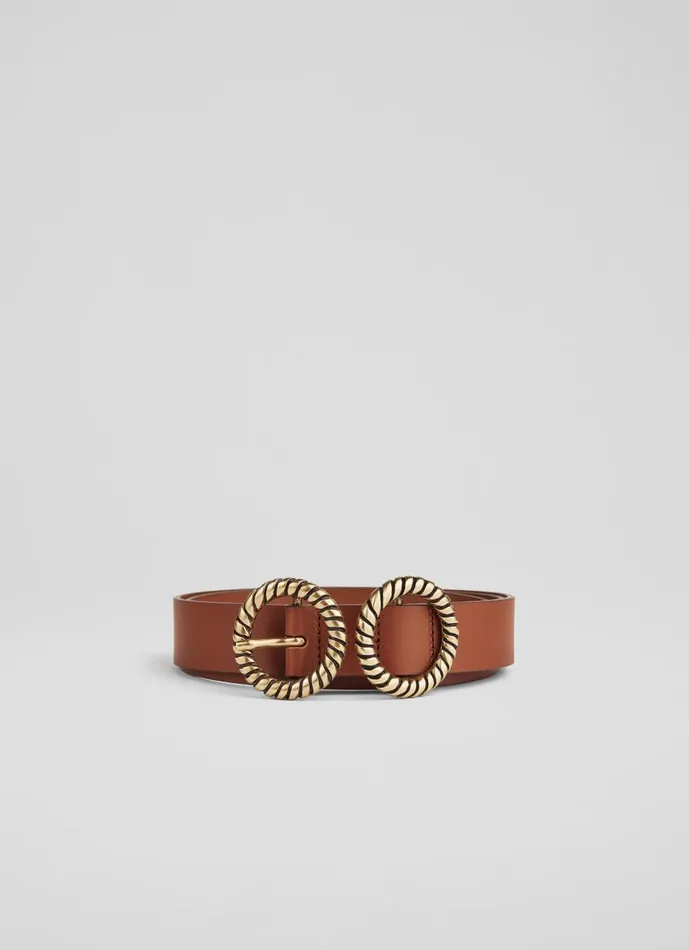 Women Belts LKBennett Arlo Brown Leather Double Metal Twist Belt